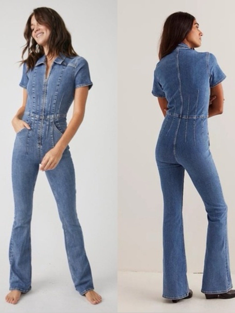 Free People We The Free Jayde Flare Denim Jumpsuit Sunburst Blue S